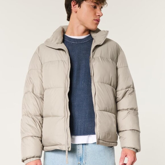BNWT Hollister Boxy Zip-Up Puffer Jacket, Tan, Large - Picture 1 of 5